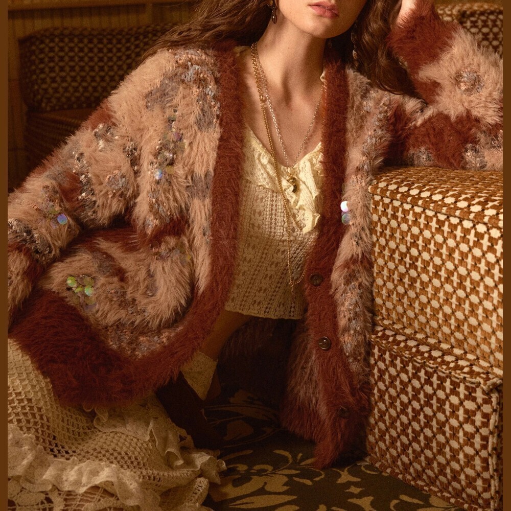 Tan / Brown Fuzzy Knit Sequin Sparkle Contrast Trim Button Front Cardigan